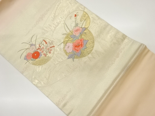 JAPANESE KIMONO / VINTAGE NAGOYA OBI / EMBROIDERY / GOLD FOIL / ROUNDEL & FLORAL PLANTS